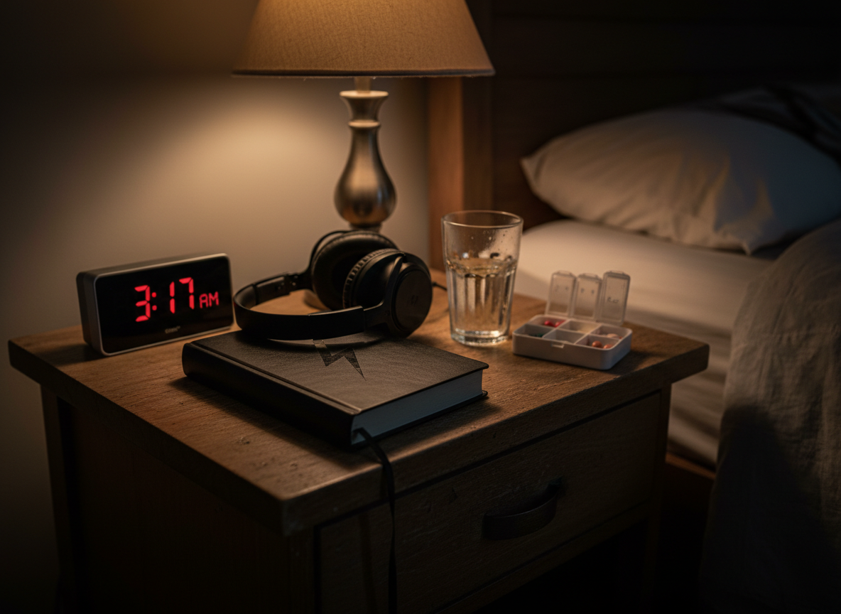 A starkly honest bedside scene: a small, scuffed nightstand beside an unseen bed, topped with an organized arrangement of survival essentials. A digital alarm clock reads a brutally honest time like 3:17 AM, next to a half-full glass of water with condensation, an open pill organizer, and a thick, black hardcover journal embossed with a subtle lightning bolt. A pair of noise-cancelling headphones rests coiled like armor. The only light source is a dim, warm bedside lamp casting a tight pool of light, leaving the surrounding room in moody shadow. Photographic realism, eye-level, rule-of-thirds composition, with the journal as the visual anchor. The atmosphere feels intimate, raw, and darkly comforting, evoking late-night resilience in the midst of chronic illness insomnia.