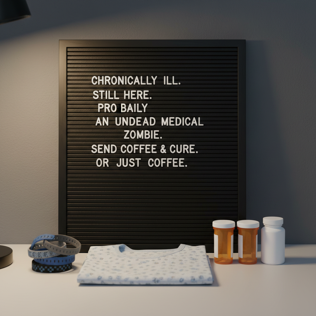 A minimalist black felt letter board leaning against a matte charcoal wall, the white plastic letters spelling out a dry, darkly funny message about chronic illness survival. At the base of the board rests a small stack of medical bracelets, a folded hospital gown with faint blue patterning, and a neatly arranged row of prescription bottles turned so the labels are illegible. Soft side lighting from a warm desk lamp creates gentle shadows and a subtle halo along the letter edges. Photographic realism, shot straight-on with centered composition and shallow depth of field, leaving the outer edges slightly blurred. The mood is sardonic yet empowering, with a clean, modern, almost editorial feel suitable for a chronic illness humor brand.