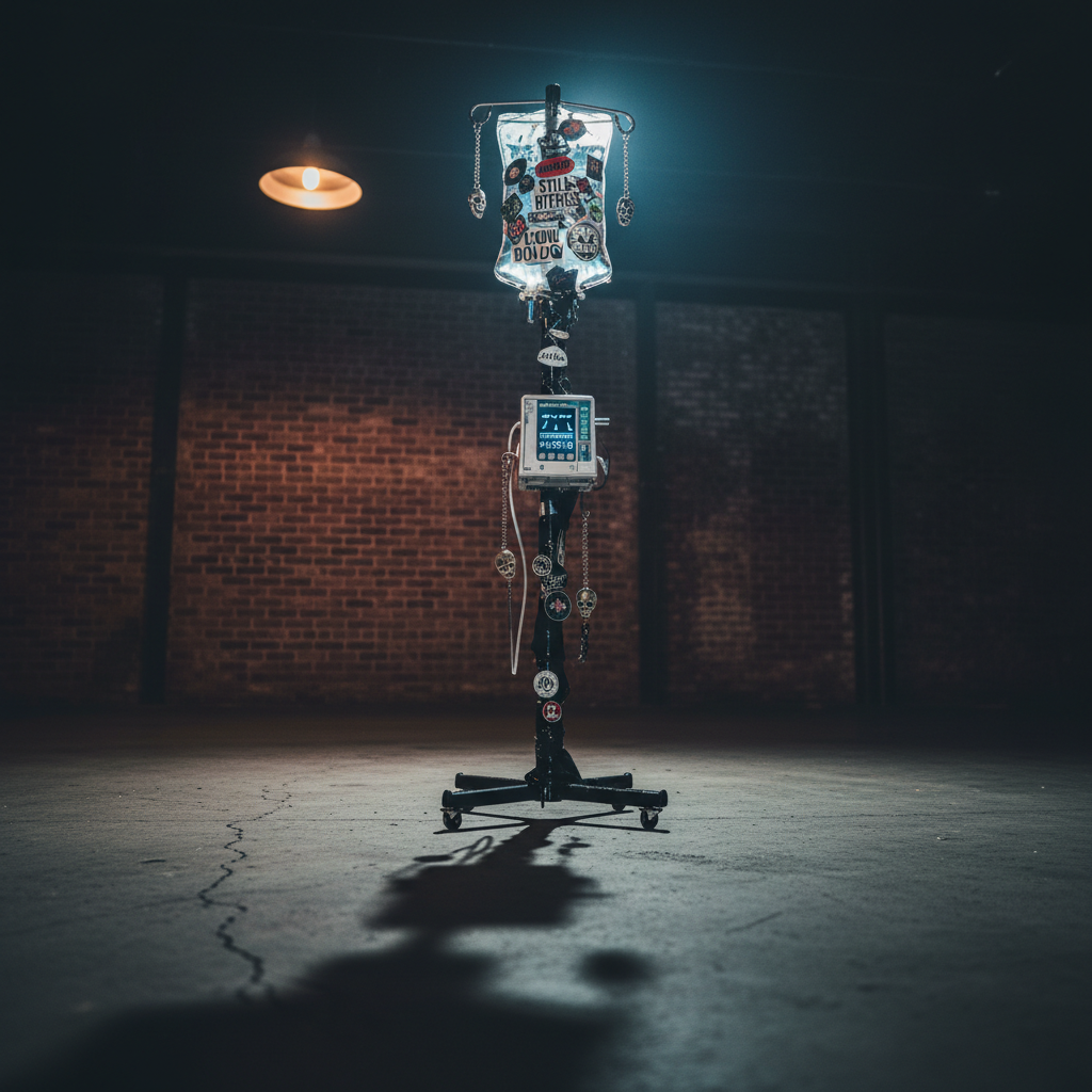 An IV pole customized like a rebellious art piece stands in the center of a dim, industrial-style room. The stainless steel pole is wrapped with black tape, enamel pins, and tiny dangling charms shaped like skulls and hearts. The clear fluid bag is covered in sarcastic vinyl stickers about survival, and the pump unit glows with a soft, cool blue display. The concrete floor and exposed brick wall in the background are out of focus, with a single overhead pendant casting dramatic, directional light that creates a sharp, elongated shadow of the pole. Photographic realism, low-angle perspective to give the pole a strangely heroic presence. The mood is gritty, defiant, and darkly humorous, blending clinical object with underground club aesthetic.