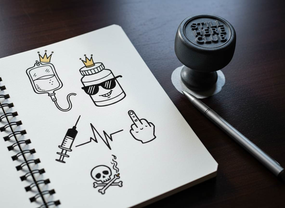 A close-up of a black spiral-bound notebook open on a dark wooden desk, its crisp white page filled with bold hand-drawn doodles of medical equipment turned into sarcastic cartoon icons: an IV bag with a crown, a pill bottle wearing sunglasses, a heart monitor line morphing into a middle finger. Beside it sits a heavy ceramic “Still Here Club” stamp resting in a faint ink smudge, and a sleek metal pen. Cool, diffused window light from the left casts soft, elongated shadows and highlights the paper’s texture. Photographic realism, shot from a slightly elevated angle, with the central doodles in razor-sharp focus and the background fading into gentle blur. The mood is defiant, creative, and darkly playful, with a crisp, modern visual style.