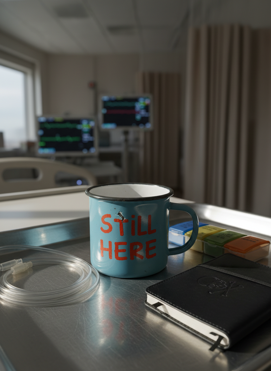A battered enamel mug printed with the phrase “Still Here” in chipped, sarcastic lettering, sitting on a worn bedside hospital tray. Around it lie a neatly coiled IV line, a closed pill organizer with color-coded compartments, and a tiny black notebook embossed with a subtle skull motif. Cool fluorescent hospital lighting mixes with a faint sliver of overcast daylight from an unseen window, creating stark reflections on the metal tray and soft shadows on the mug. Photographic realism, eye-level composition, shallow depth of field so the background dissolves into a hazy suggestion of monitors and curtains. The mood is darkly humorous yet quietly resilient, a clean, modern aesthetic with muted tones and one bold accent color on the mug.